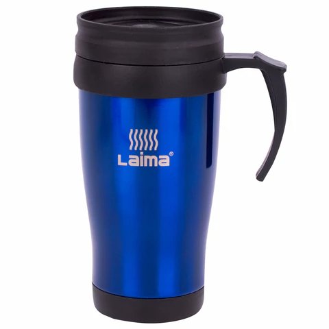 Термокружка 400мл, термостакан с ручкой, винтовая крышка-клапан, пластик/сталь, синяя, LAIMA, 605128