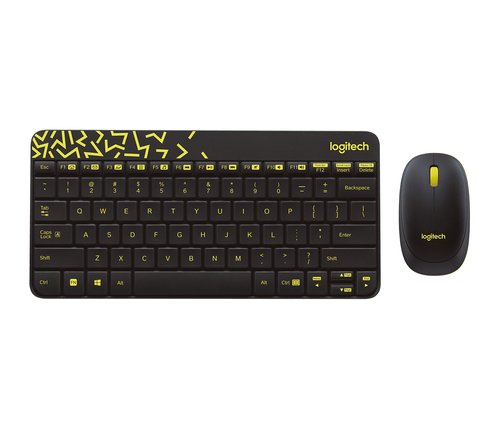 Клавиатура + мышь Logitech MK240 (беспроводная, USB, компакт, черный/желтый)